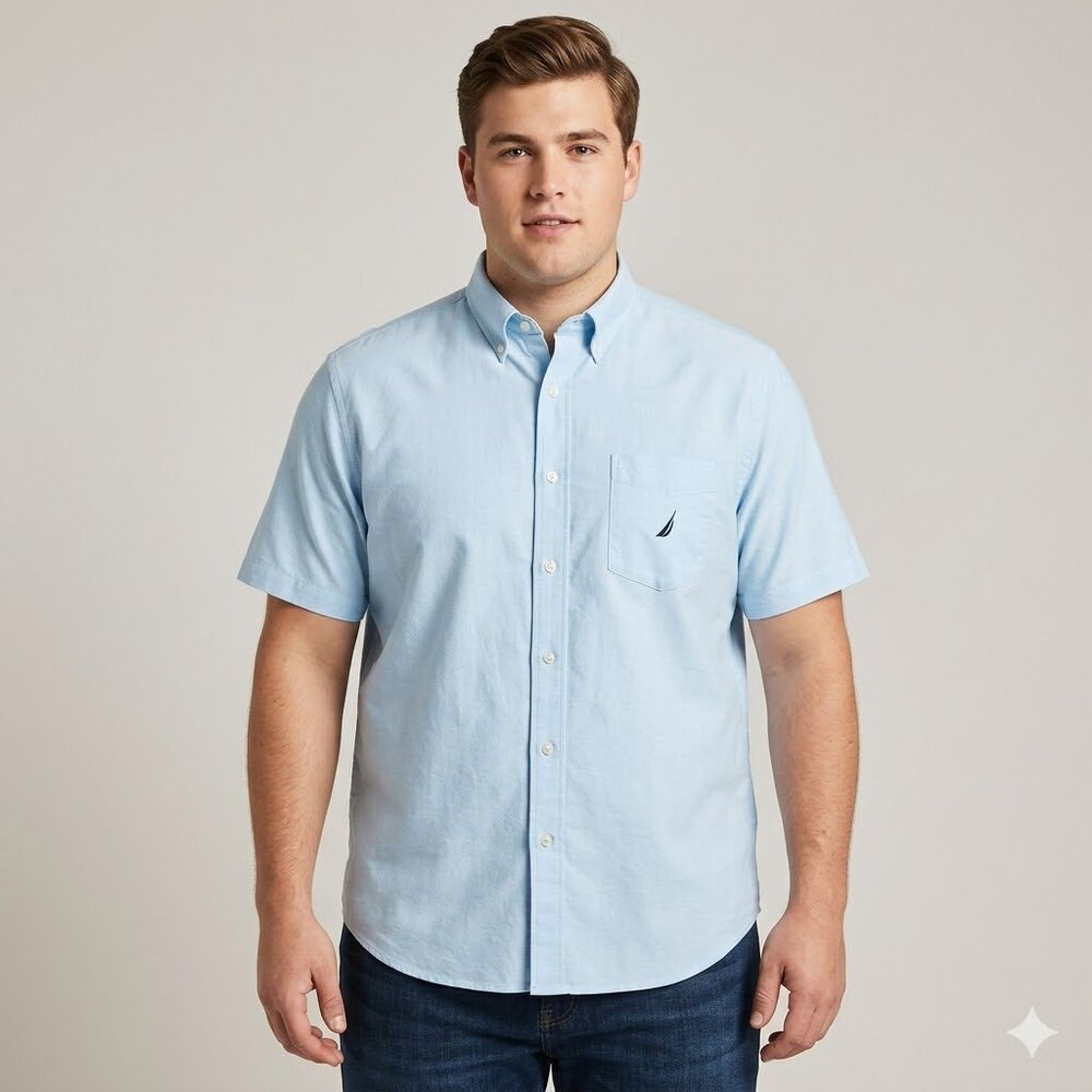 Nautica XL Men's Short Sleeve Button Down Shirt Light Blue Oxford Pocket Logo